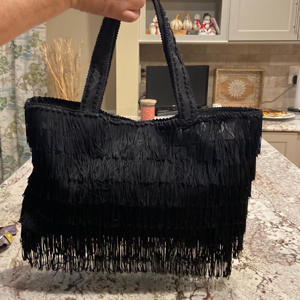 Black Fringe Tote w/ Snap Closure